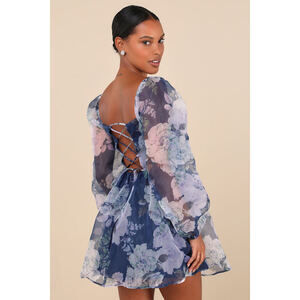 Lulus Positively Enchanting Blue Floral Organza Bustier Mini Dress - Size M